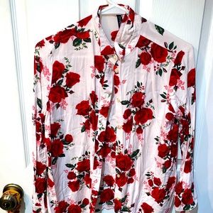 White button up with red floral design